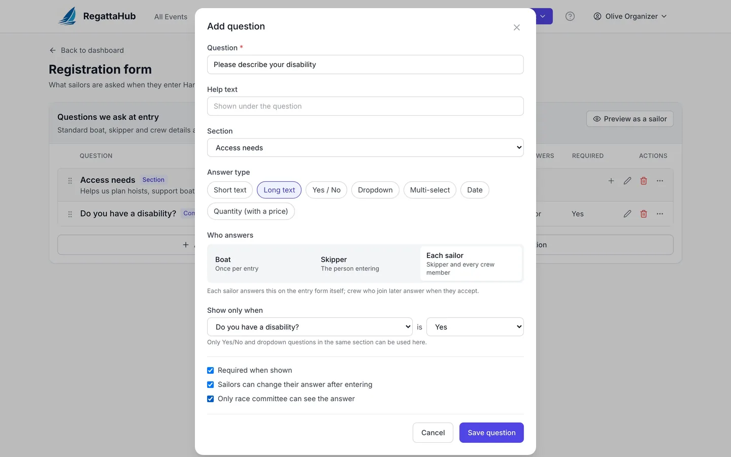 Add question dialog for a follow-up question shown only when the answer to Do you have a disability? is Yes