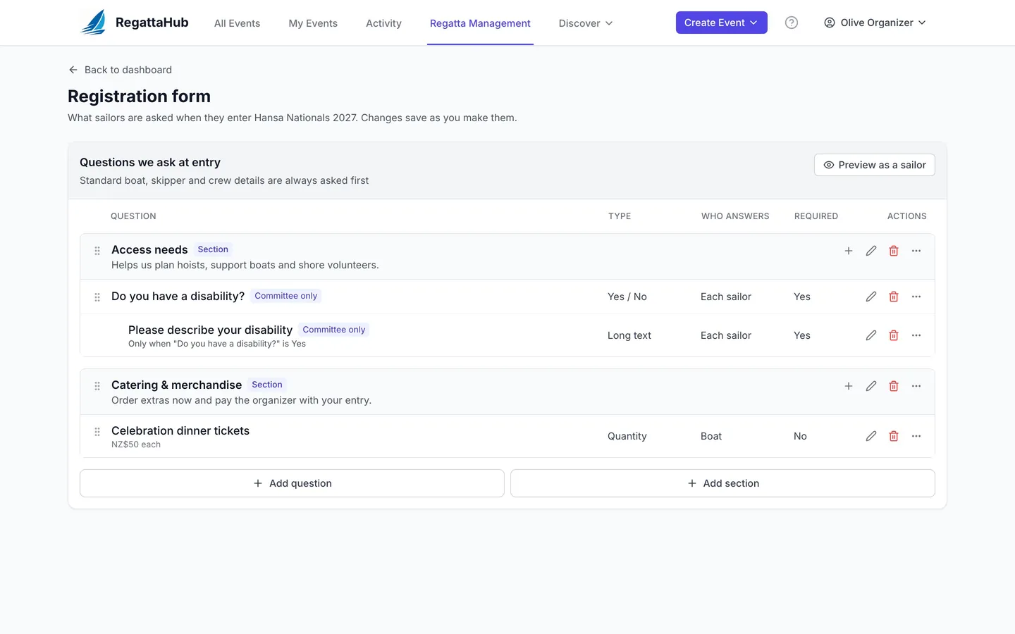 Building a registration form with sections, a follow-up question and a priced extra