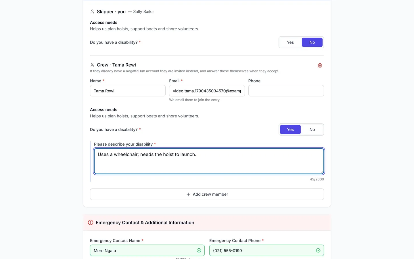 A crew member block on the entry form: name and email, and a follow-up question shown because the answer is Yes