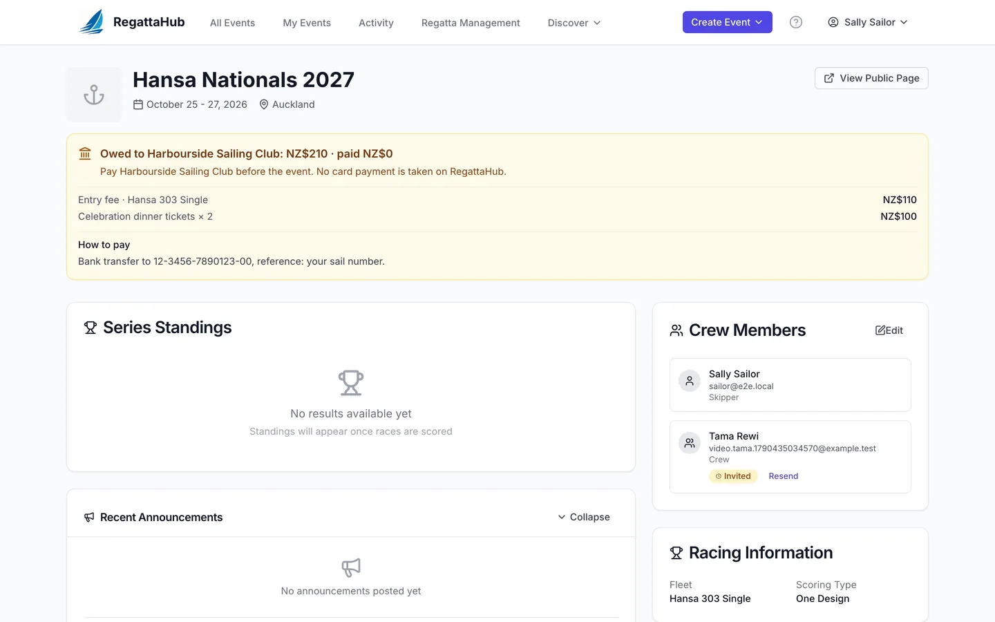 A sailor’s entry page showing NZ$210 owed to Harbourside Sailing Club, the entry fee and dinner tickets, and how to pay