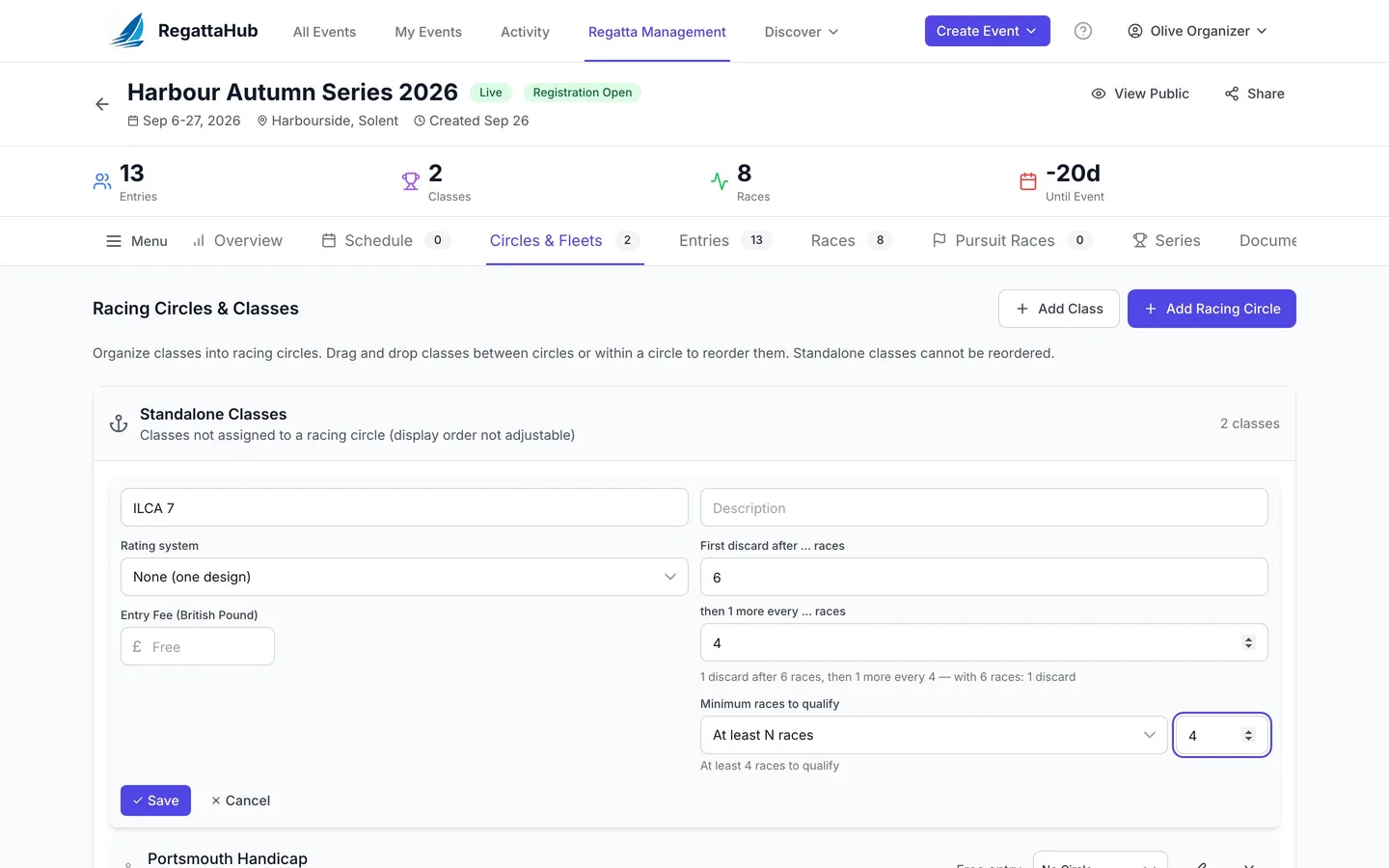 The class editor with discard schedule and a minimum of 4 races to qualify