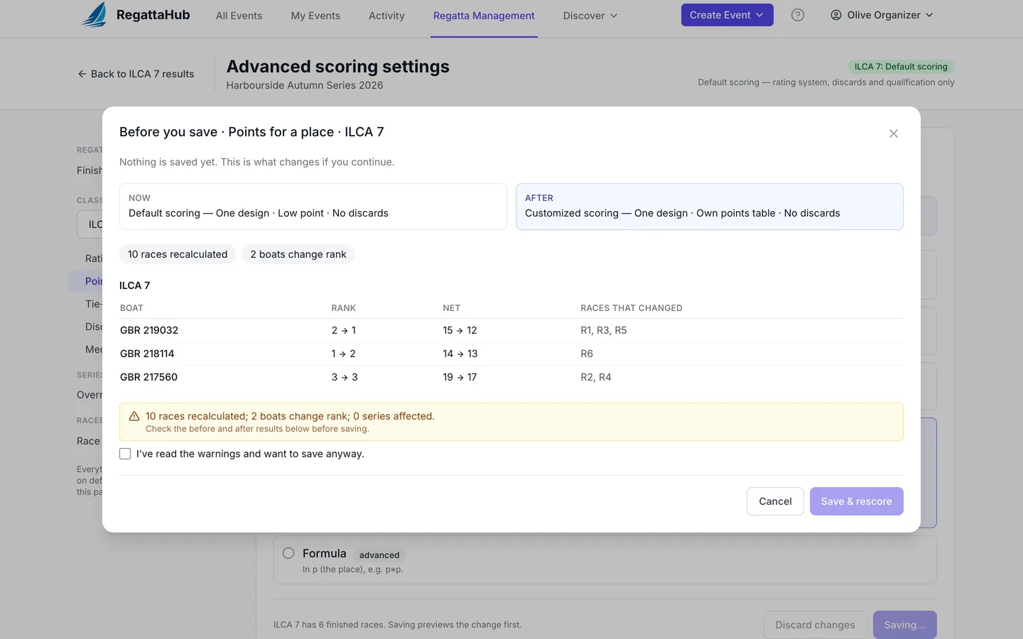 Scoring a class with your own points table, with a before-and-after preview