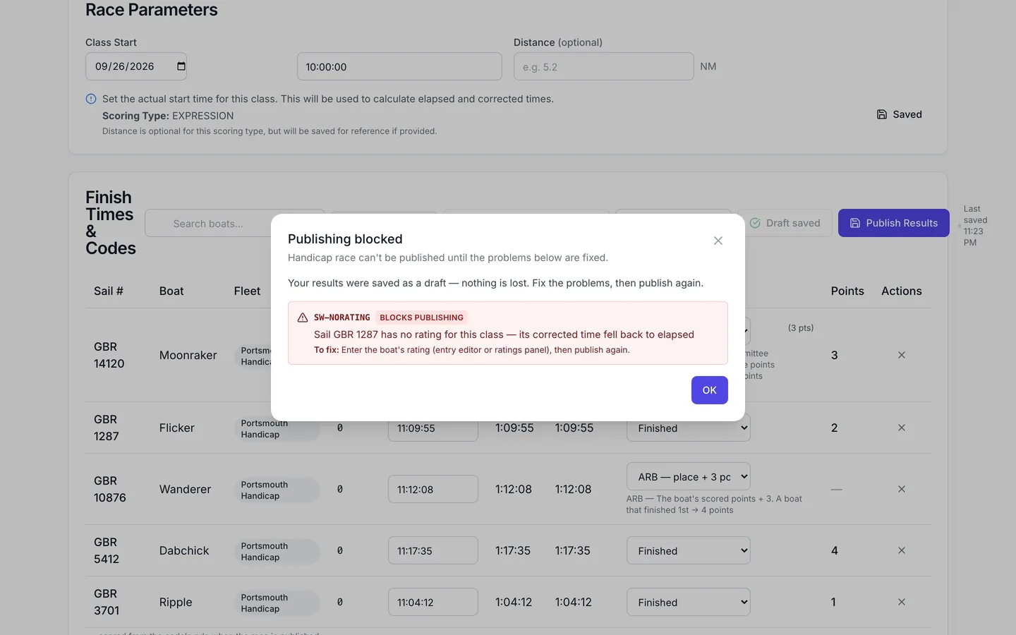 A scoring warning that stops publishing, and the fix
