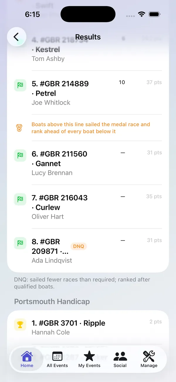 Medal race, DNQ, practice races and club codes in the RegattaHub iPhone app, coming soon